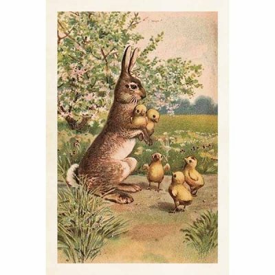 Vintage Post card Easter bunny and chicks